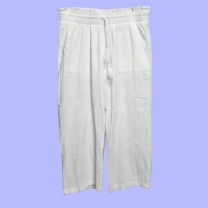 White linen blend wide leg tie waistband